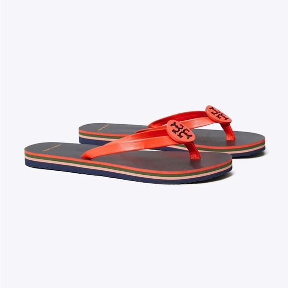 Tory Burch Minnie Flip Flops Sz 5 Logo Red Grenadine Thongs New Flat Sandals - Picture 1 of 8